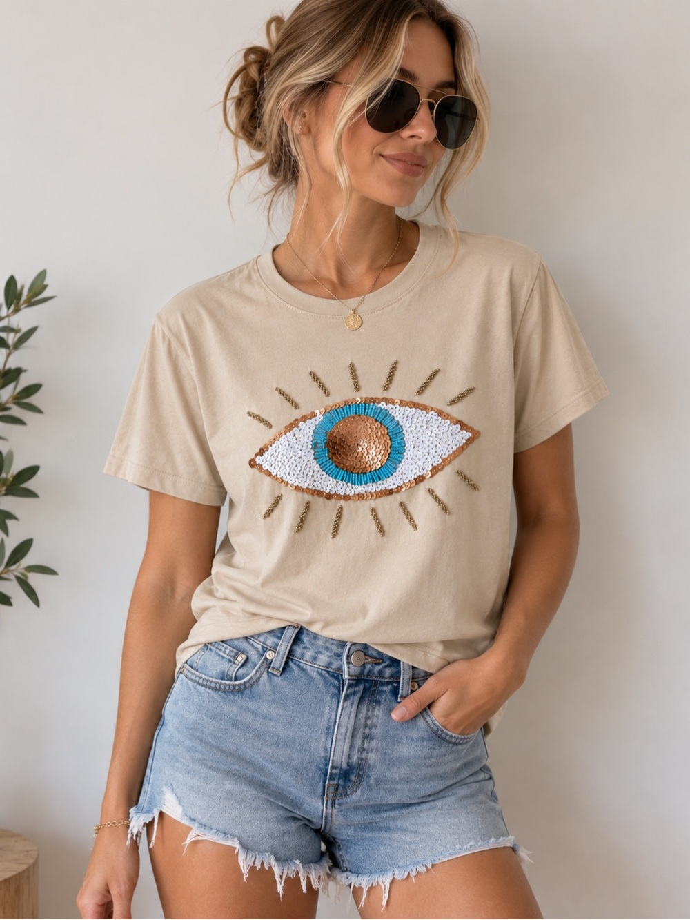 Sequin Eye Graphic Tee - Beige by